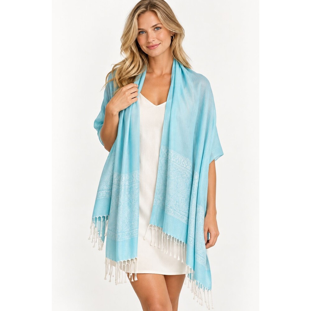Silk Blend Pashmina Scarf Wrap Blue Paisley Print Fringed Shawl Women's Classic